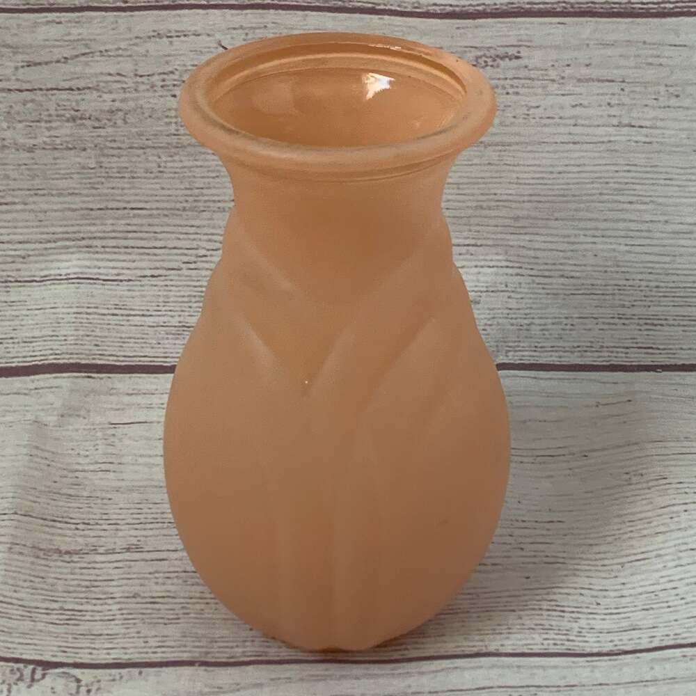 Vintage FTDA Frosted Peachy Pink Art Deco Glass Vase Embossed Drape Design